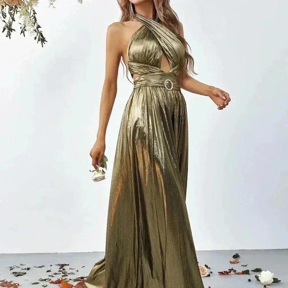 Bronze Women's Cross Wrap Front Backless Metallic Halter Wide Leg Jumpsuit - Picture 5 of 6